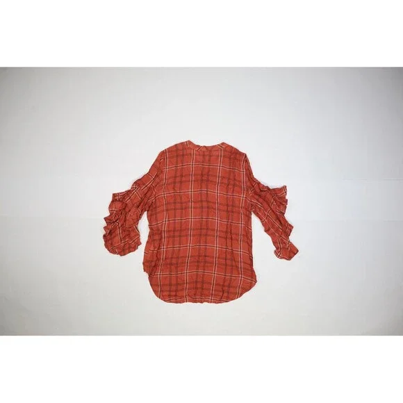 Vince Camuto Blouse Womens Medium Red Plaid Ruffle Sleeve Mood Indigo Apple Top - Picture 2 of 11